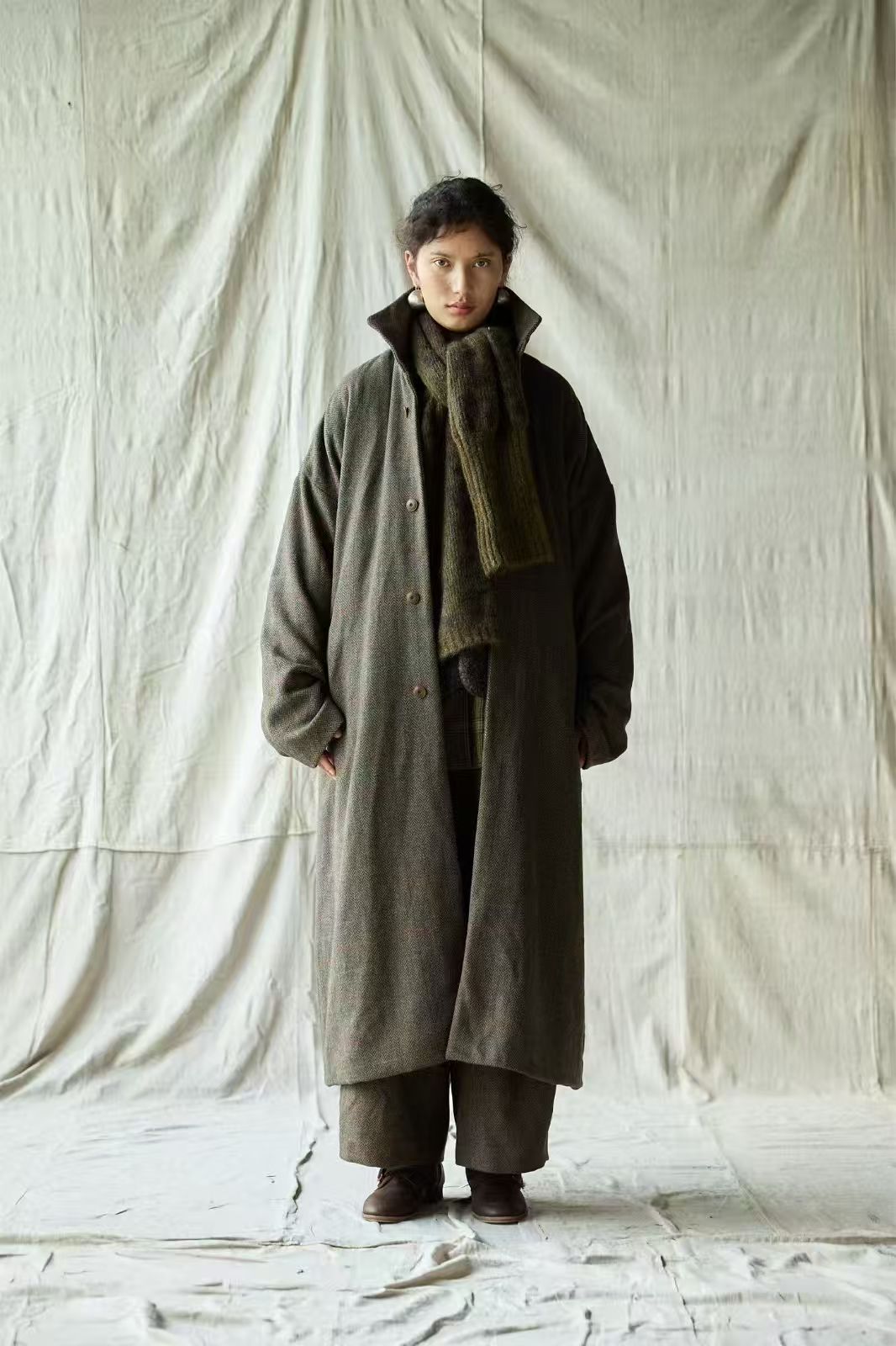 左岸迷香25FW8013墨绿色长大衣外套秋冬中长款冬季百搭加厚宽松