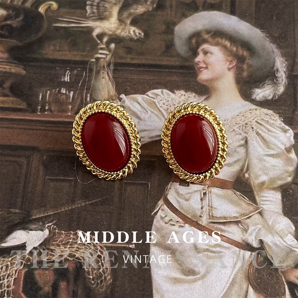 合金耳饰 复古宫廷风酒红色铜合金椭圆耳钉轻奢小众高级感耳饰