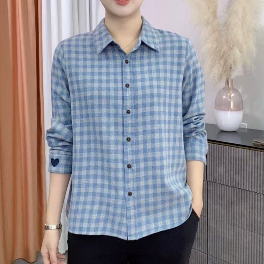 复古磨毛蓝色格子衬衣女秋冬宽松休闲长袖叠穿内搭衬衣外套