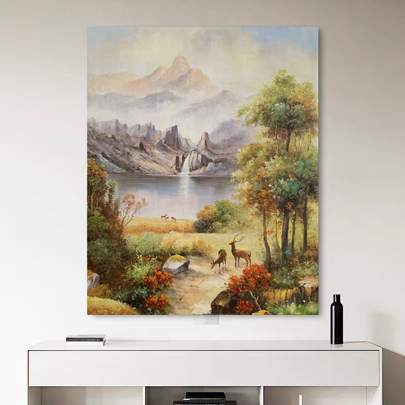 《山湖鹿影》50*60含内框，刘春建手绘油画装饰画，客厅背景墙挂画