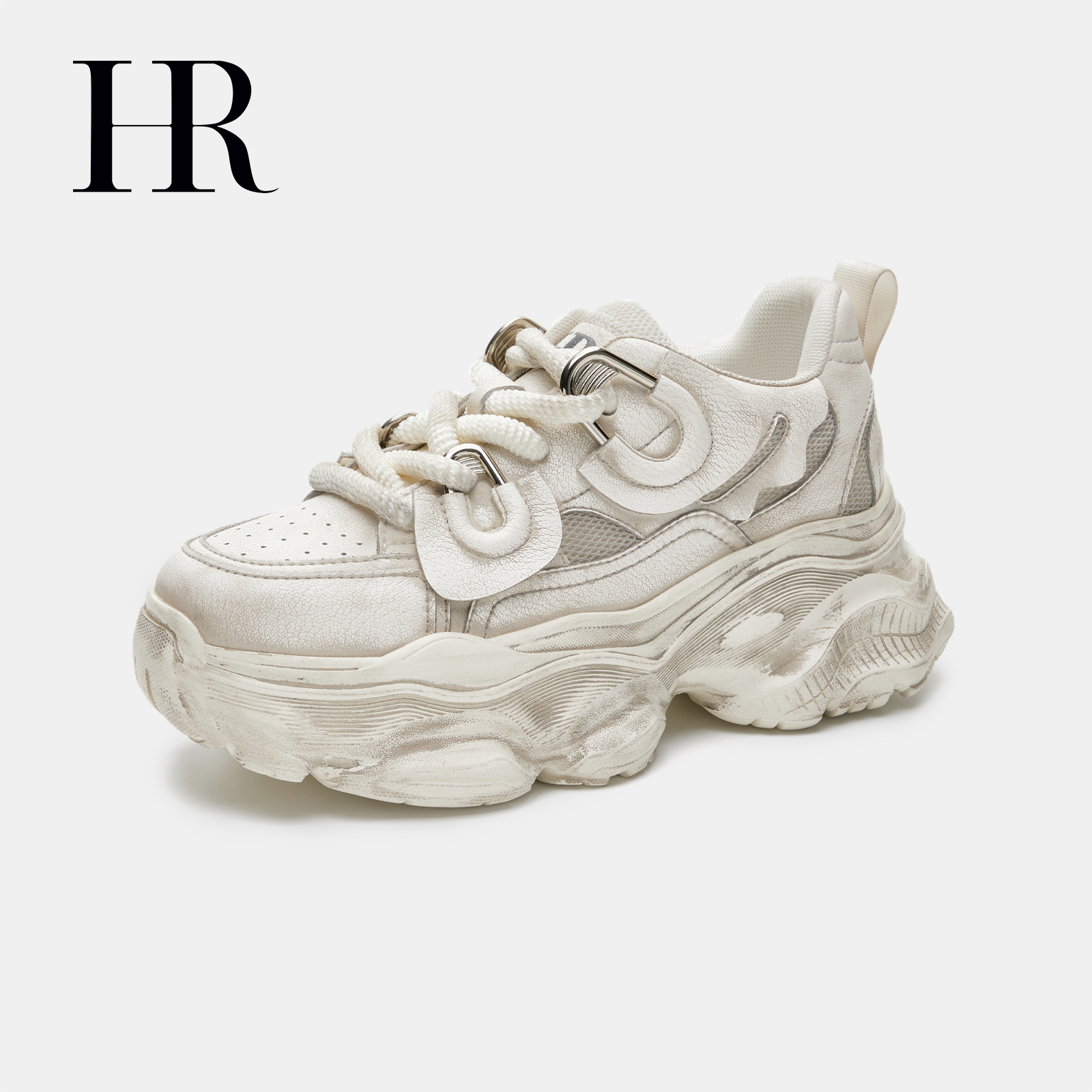 HR/赫莲娜增高老爹鞋女款真皮百搭休闲鞋复古重工擦色厚底运动鞋
