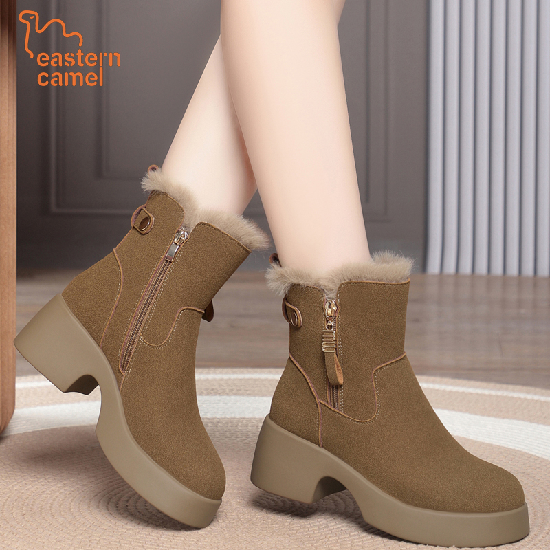 东方骆驼秋冬新款加绒保暖马丁靴厚底弹力靴女保暖靴粗跟马丁靴