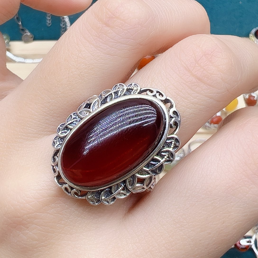 血珀戒指银S925镶嵌天然