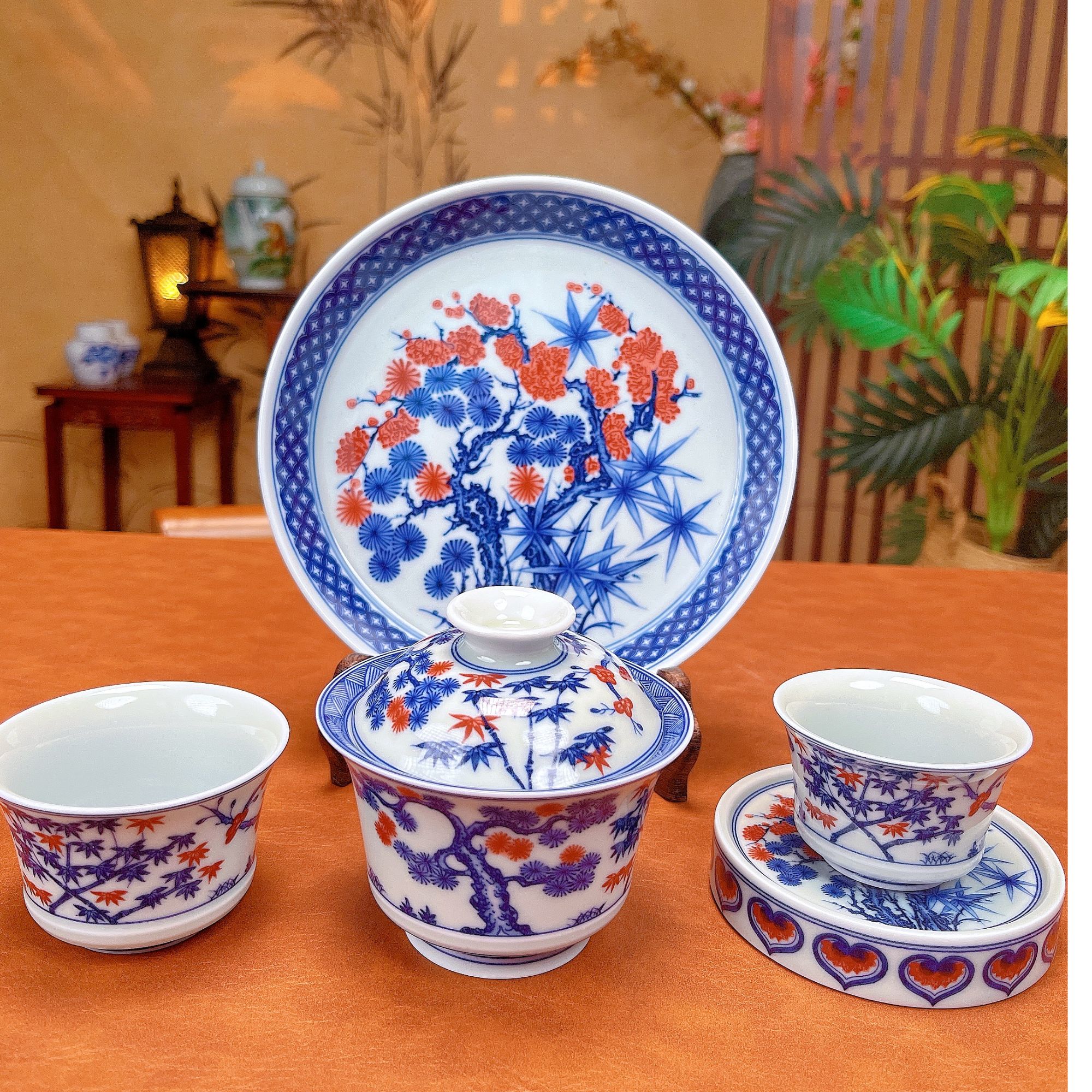 景德镇青花釉里红岁寒三友松竹梅盖碗五件套