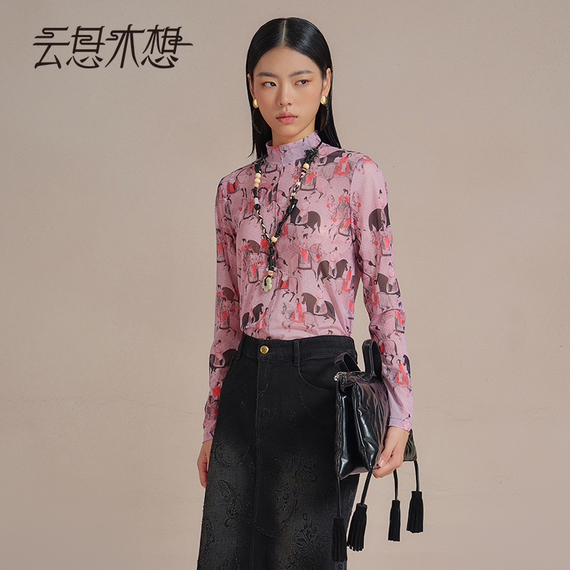 Ysimo-X云思木想 策马游春 国风印花半高领轻薄网纱T恤13753