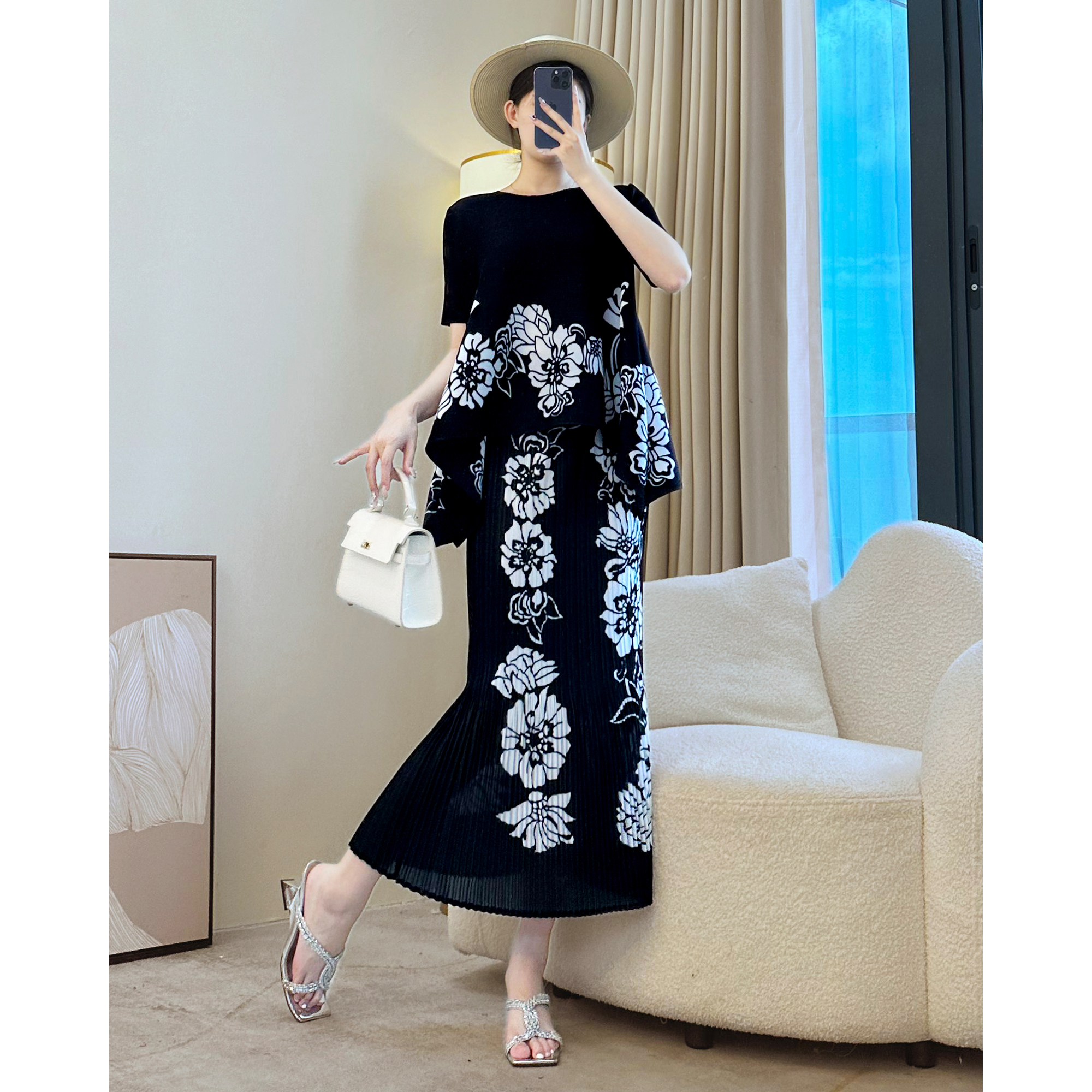 【01】2025夏季新款褶皱印花轻奢套装裙优雅时尚洋气减龄两件套