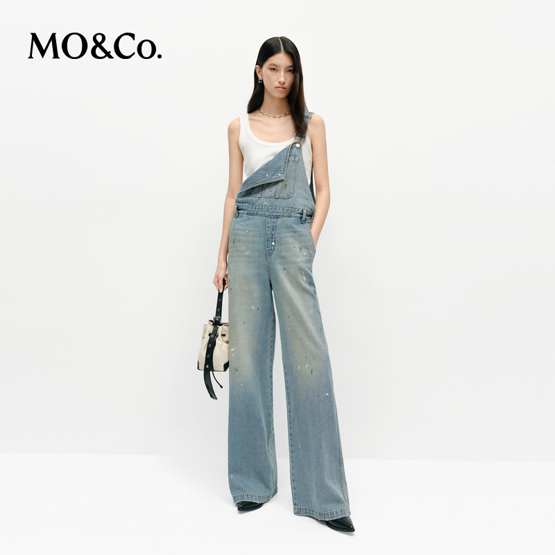 MOCO牛仔裤背带裤2025春新品怀旧洗褪泼墨印花高腰直筒MBE1JPS001
