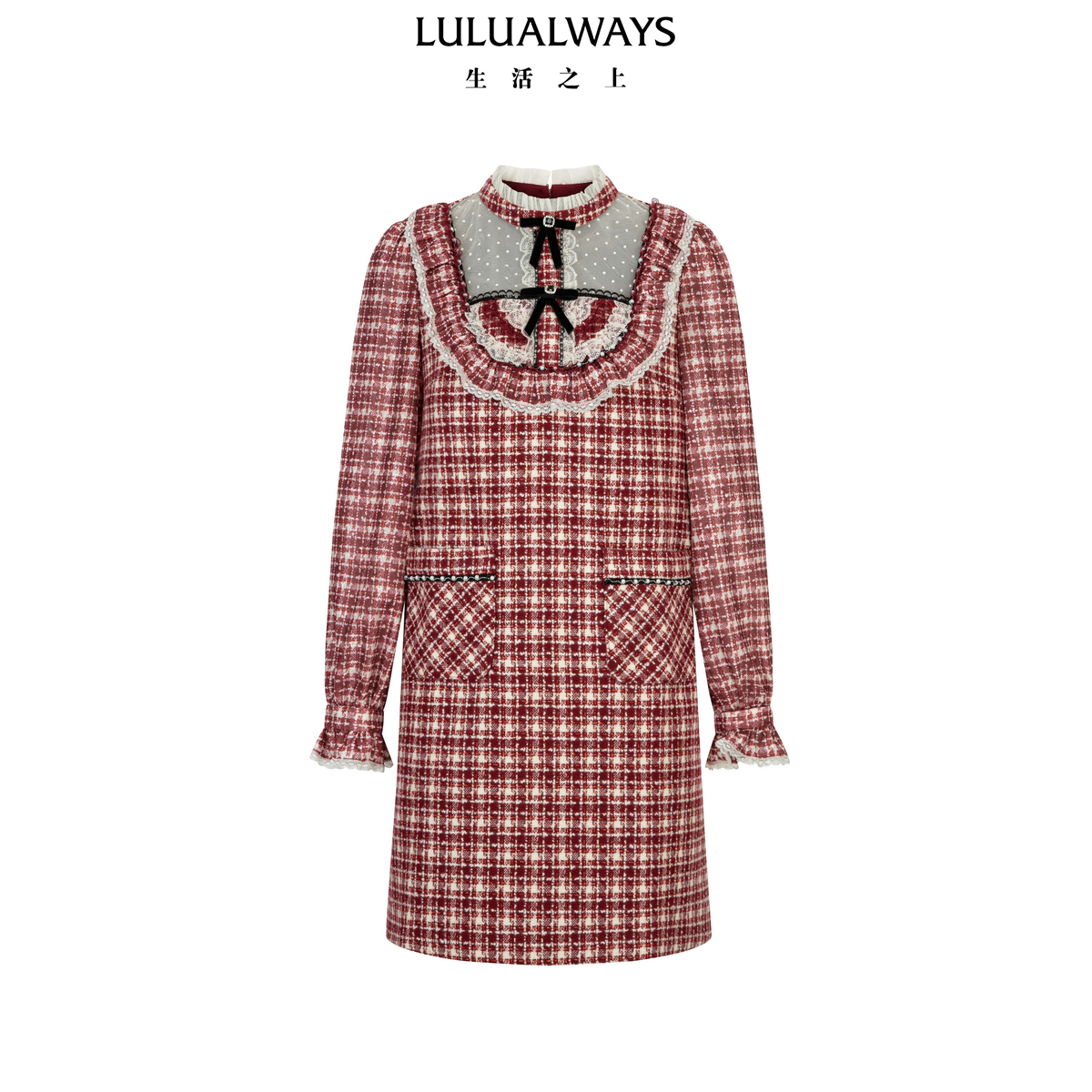 LULUALWAYS我爱露露26春季新款复古千金风小香风粗花呢直筒连衣裙