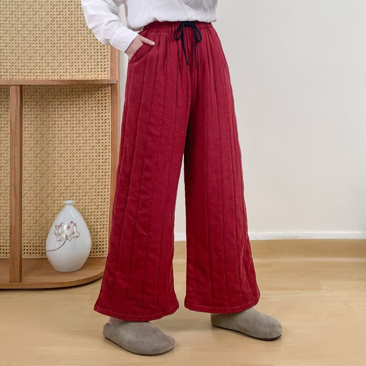 晨家出品冬季新款亚麻文艺复古抽绳夹棉绗缝女式保暖直筒阔腿棉裤