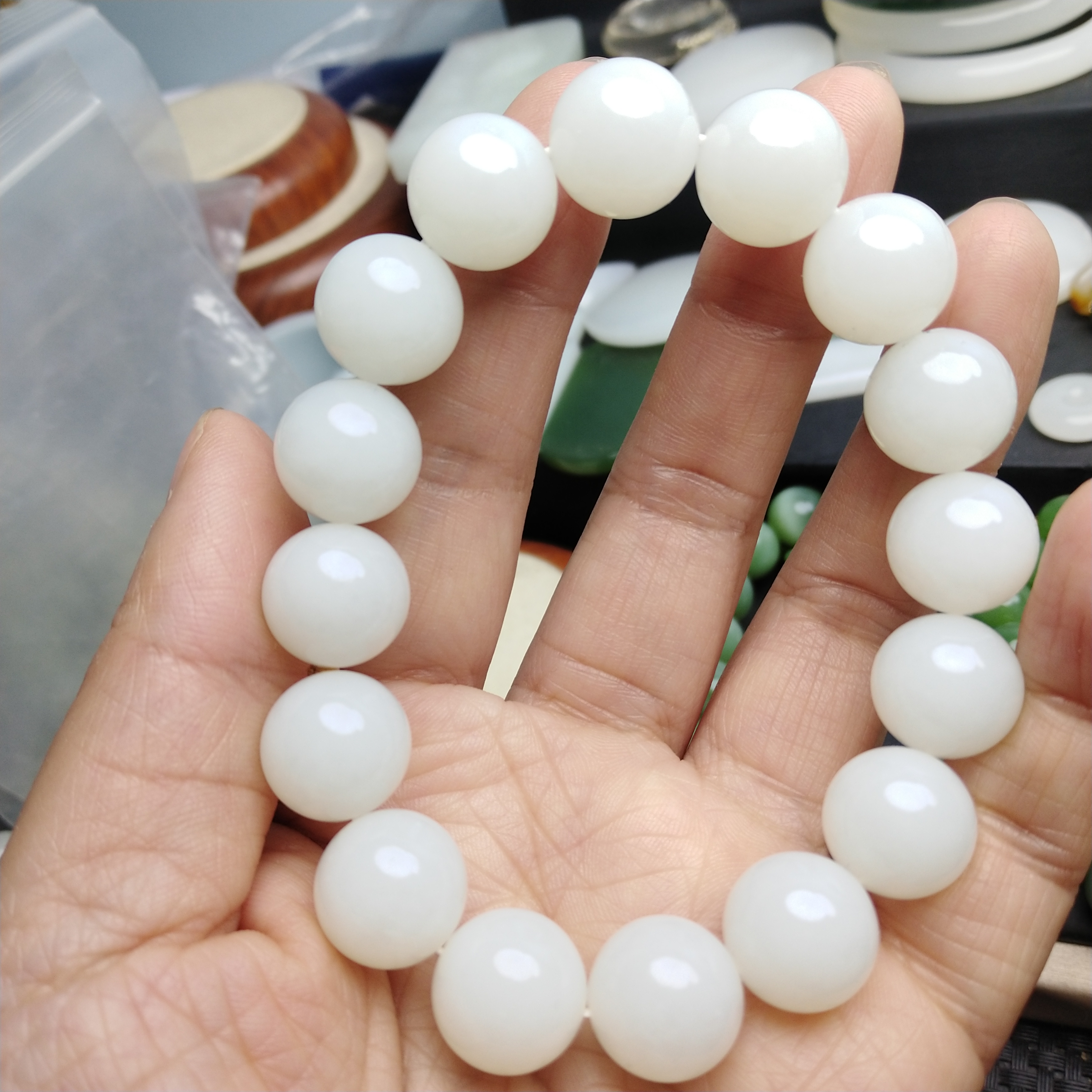 和田玉老俄料卡12手串白色时尚素圈