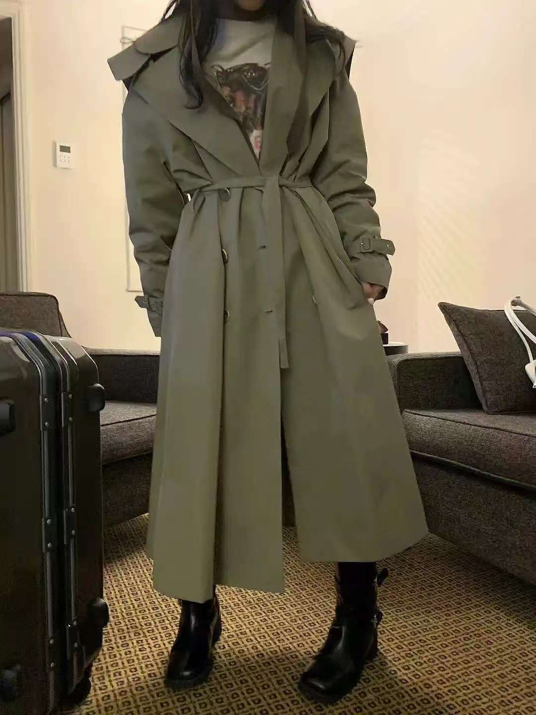 直播间商品非图片款春季斜纹风衣收腰女装落肩袖卡其色中长款休闲