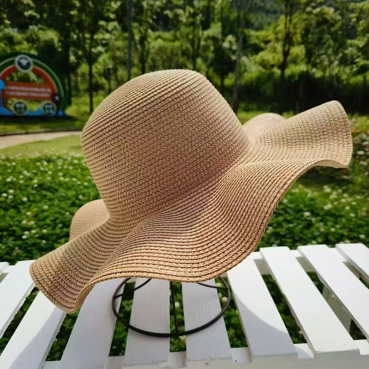 MZ88夏日咖色防晒帽草编帽花边帽收纳篮纯手工编织