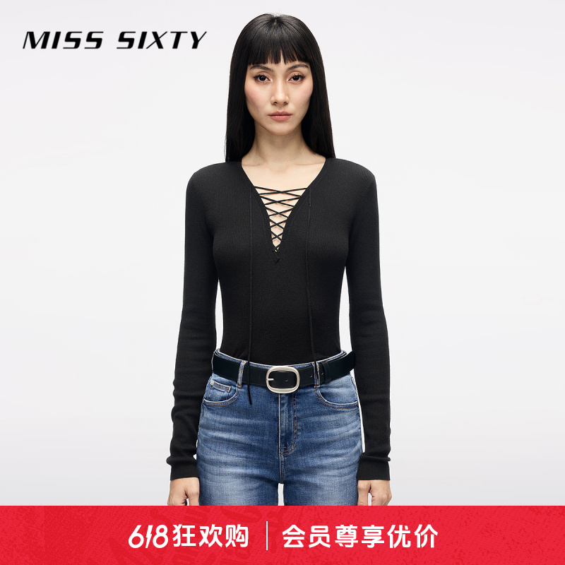 Miss Sixty2025春季新款针织衫女V领系带气质紧身百搭雅韵