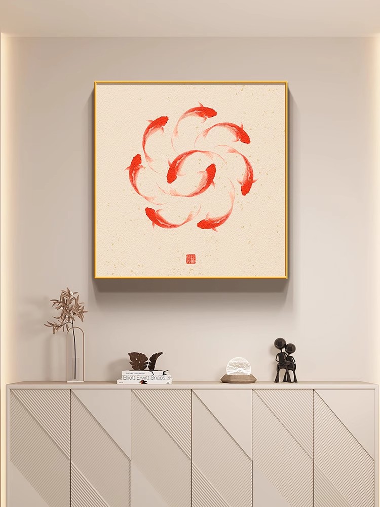 九鱼图挂画九鱼聚财图新中式装饰画好运锦鲤客厅餐厅背景墙挂画