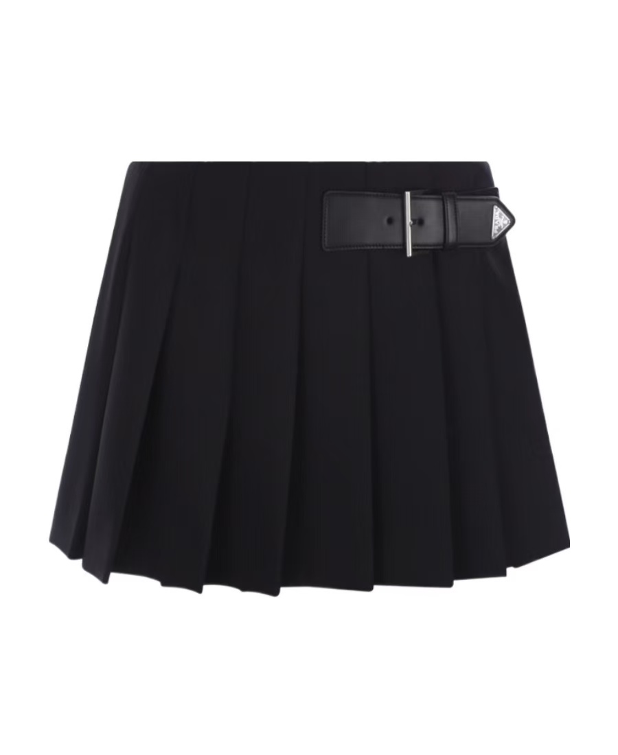未使用 Prada/普拉达 金属徽标皮腰带百褶裙