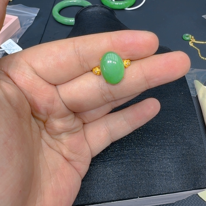 和田玉（碧玉）戒指银S925镀金镶嵌