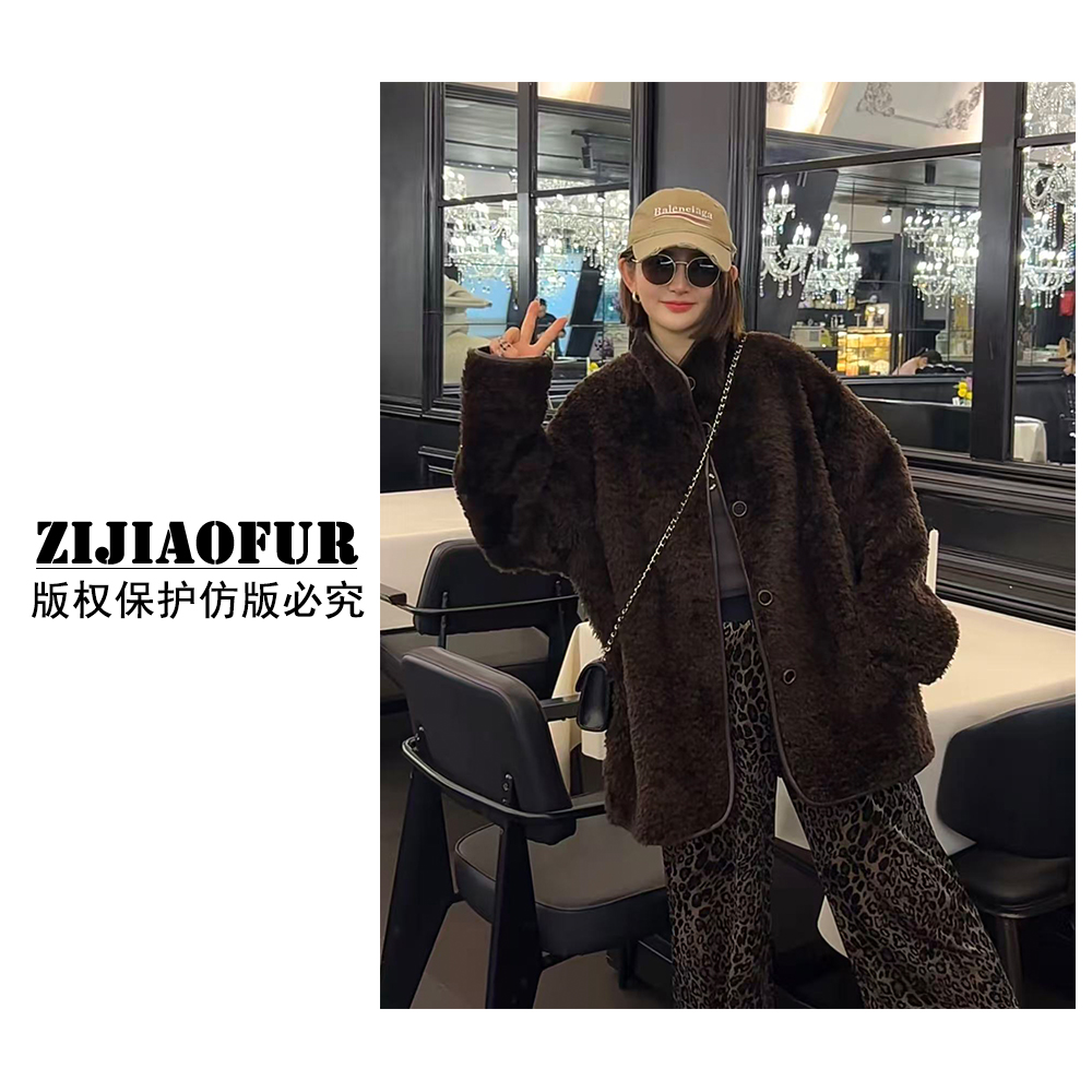 “朗姆红茶”两面穿拉贡皮毛一体中长款皮草外套ZJPZ-2558