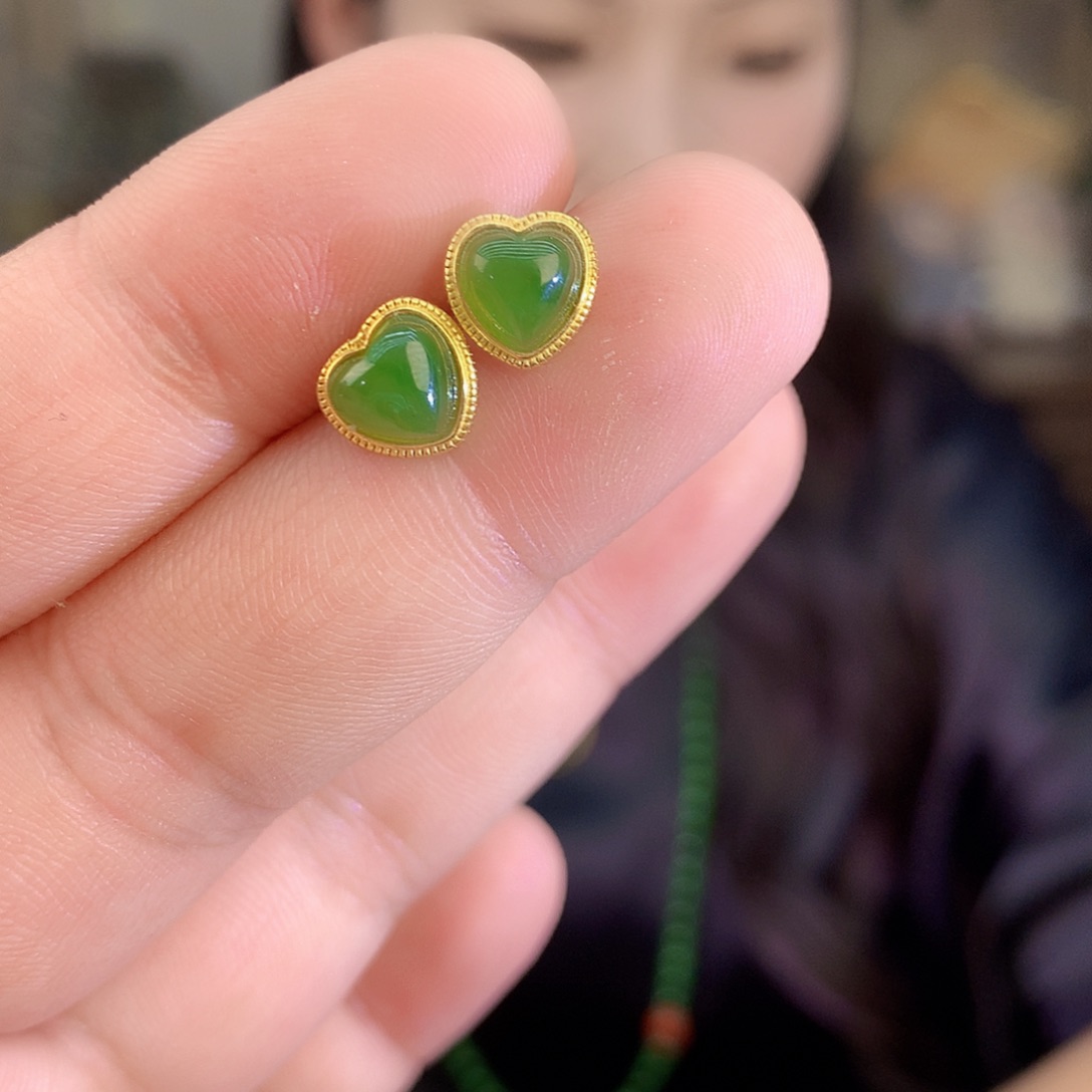 吊坠(不含链)银S925镶嵌和田玉（碧玉）耳饰