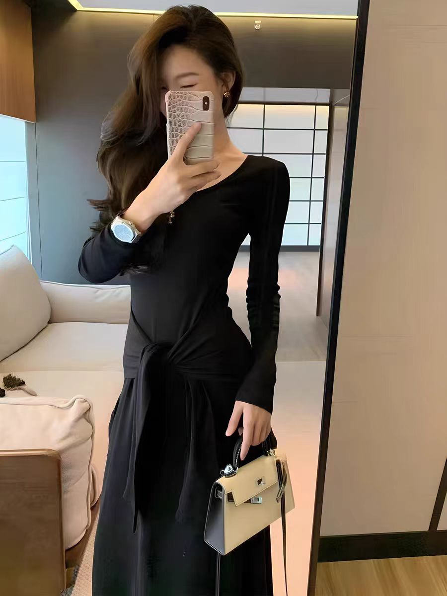 灰色长袖绑带气质连衣裙女春秋季法式大U领修身显瘦收腰长款裙子