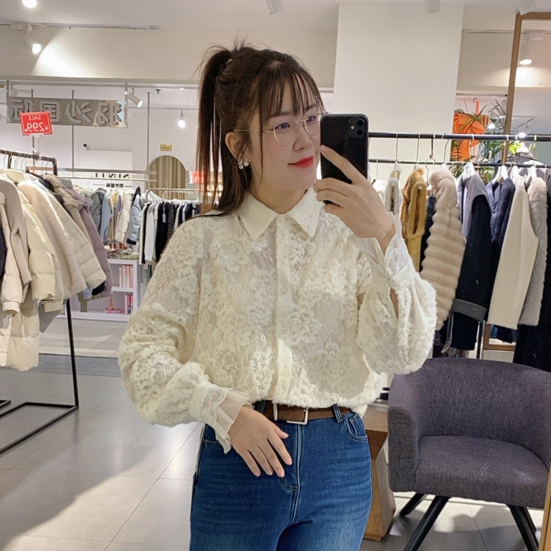 时尚气质~衬衣领蕾丝秋冬磨毛蕾丝衬衣1151