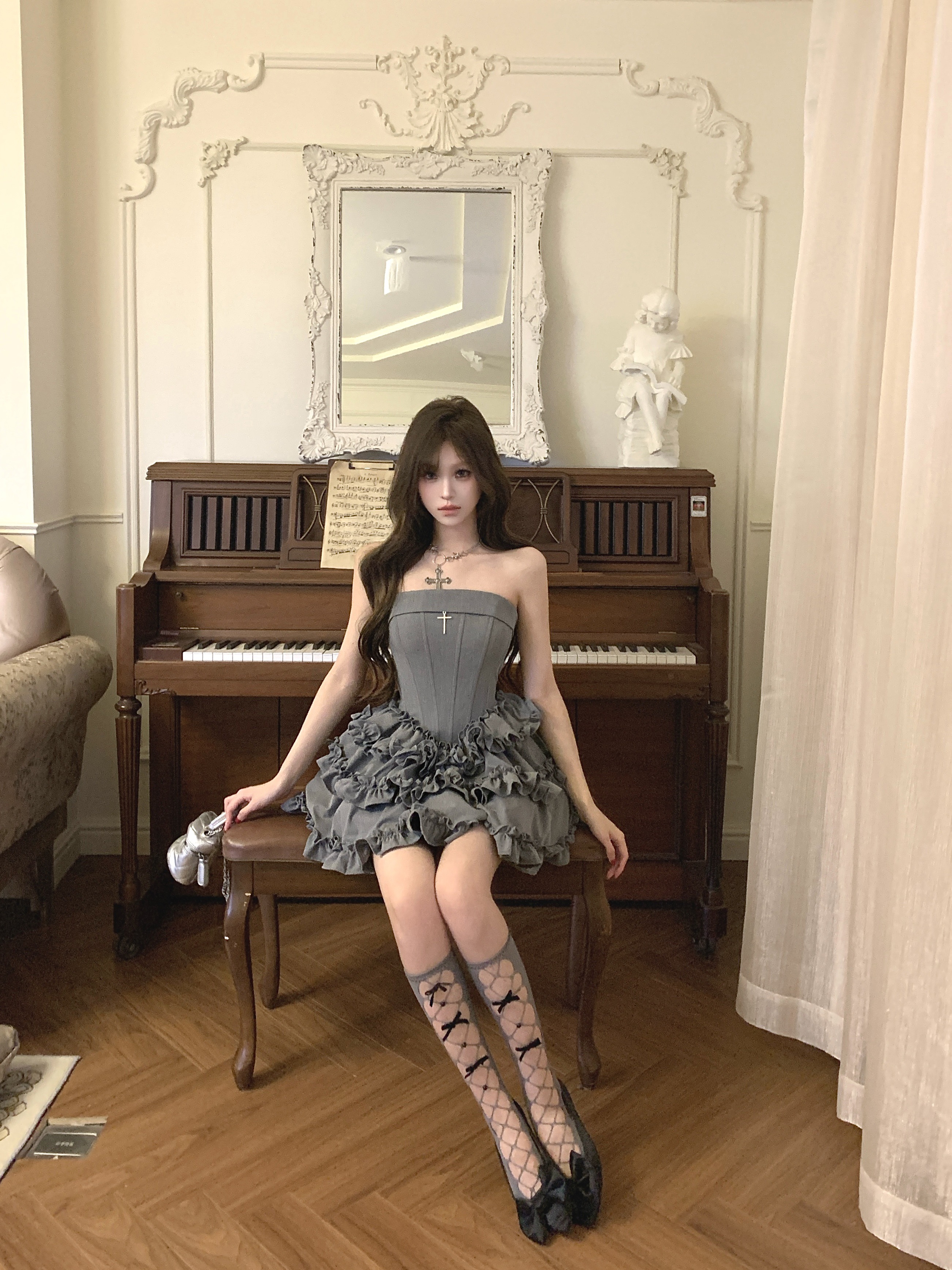 TIANSHA- 十字鱼骨抹胸设计感蛋糕蓬蓬公主裙生日小礼裙