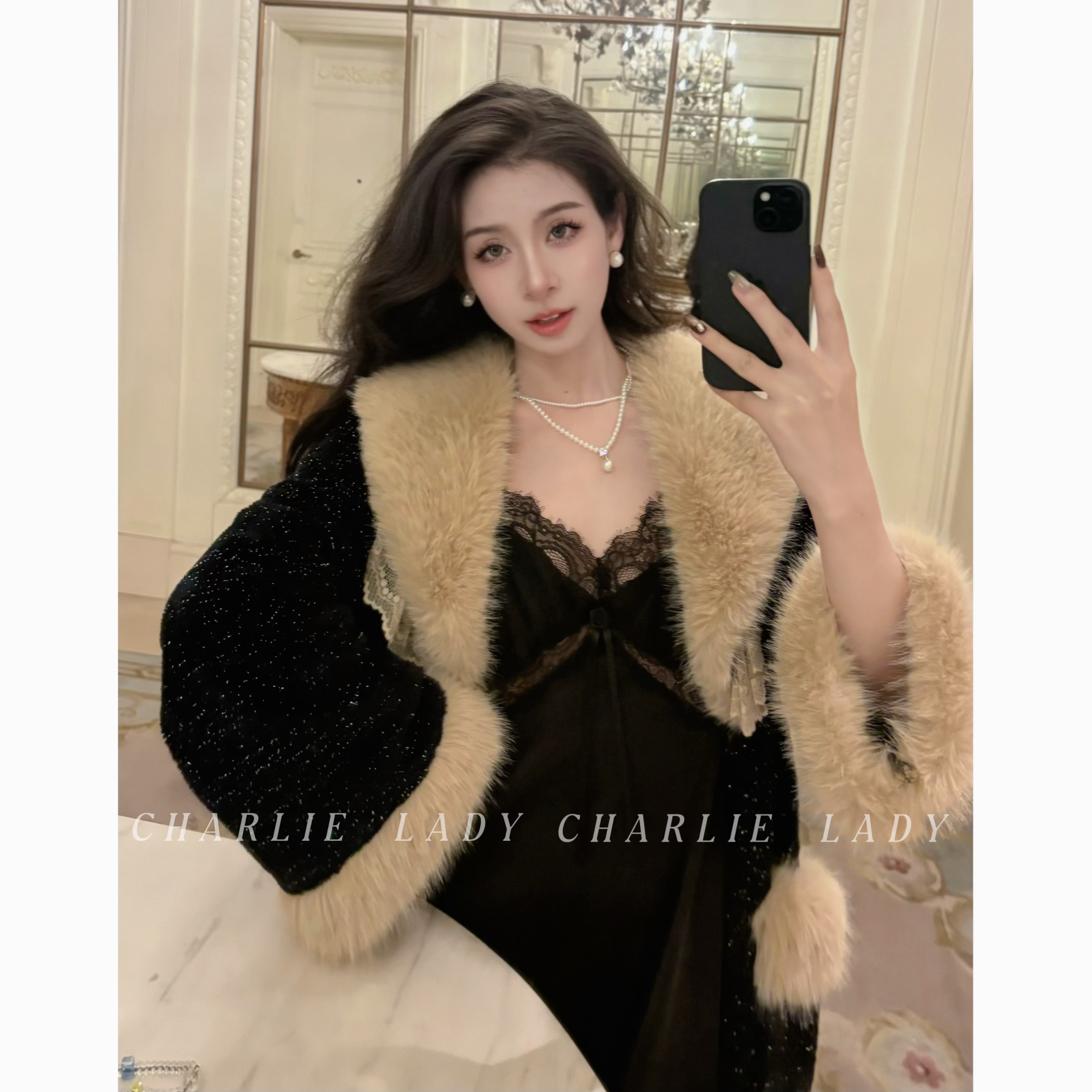 查理夫人【黑夜星光】秋冬新款法式外袍加绒加厚高级气质显瘦