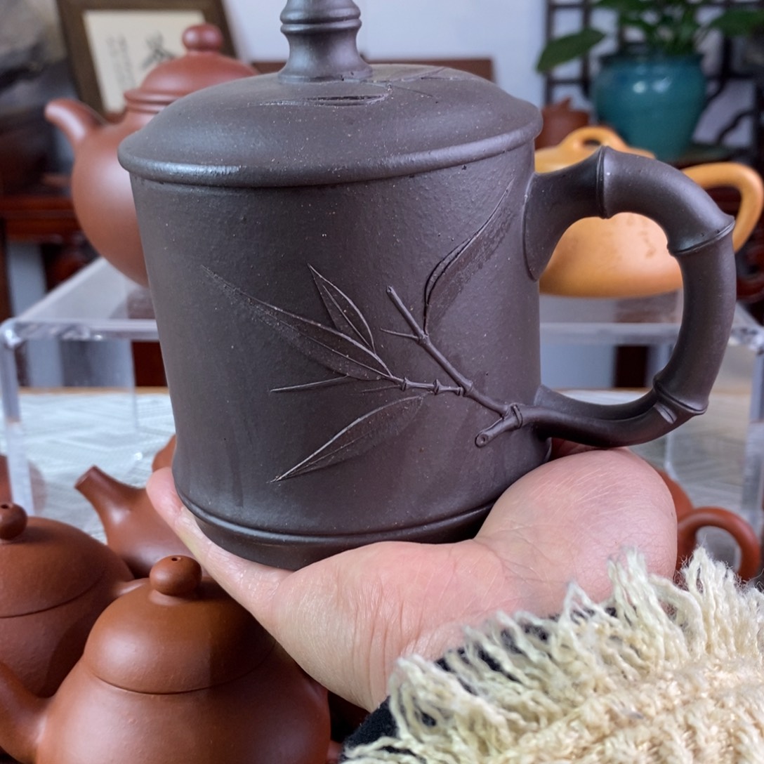 紫砂茶杯黄龙山青灰紫泥竹节盖杯零添加400cc