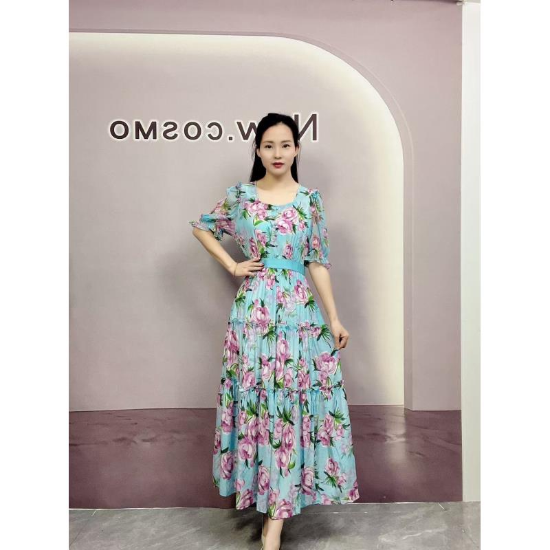 【深圳南油沐溪女装】新款夏季桑蚕丝法式碎花气质显瘦长款连衣裙