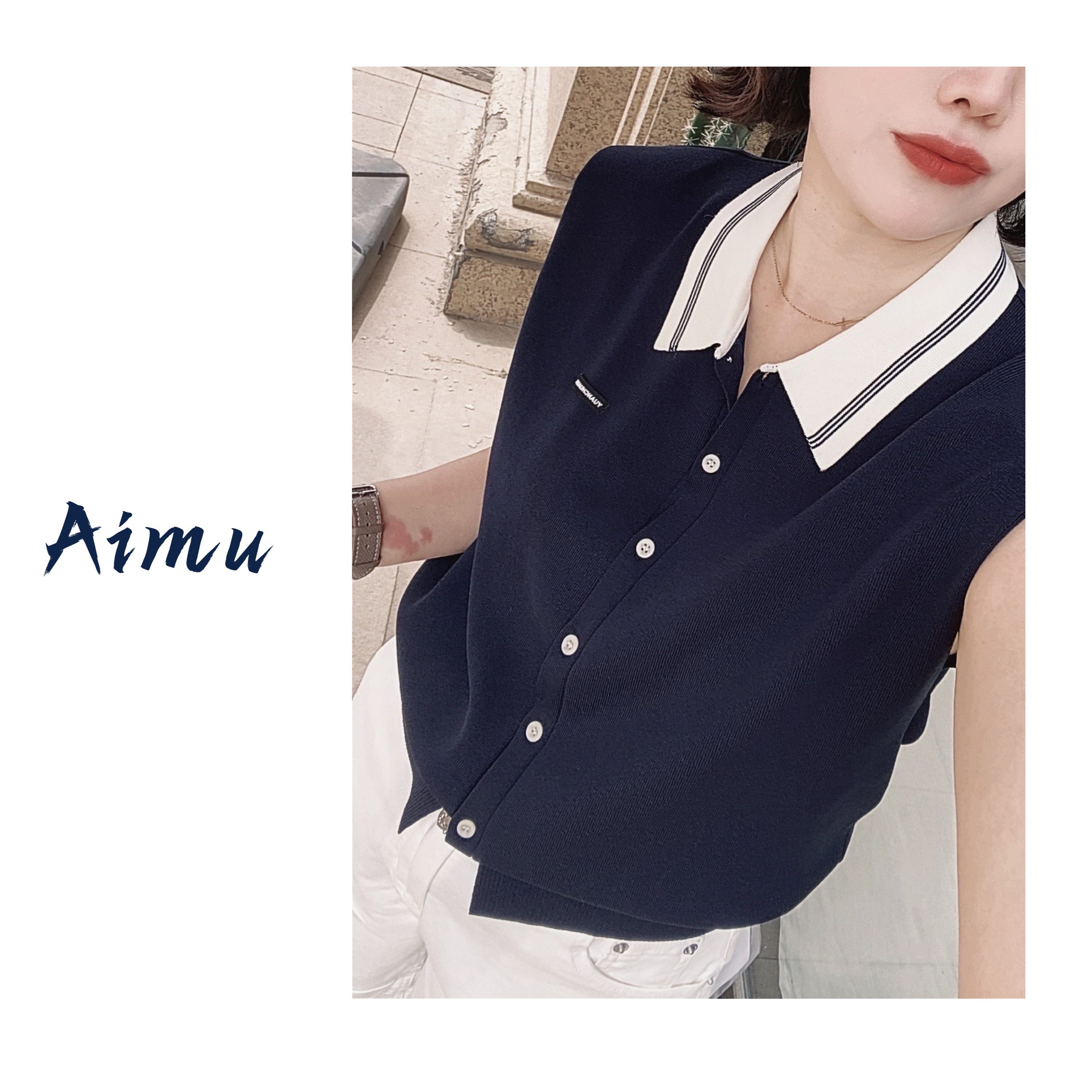 欧货夏季百搭翻领无袖针织上衣气质减龄通勤必备