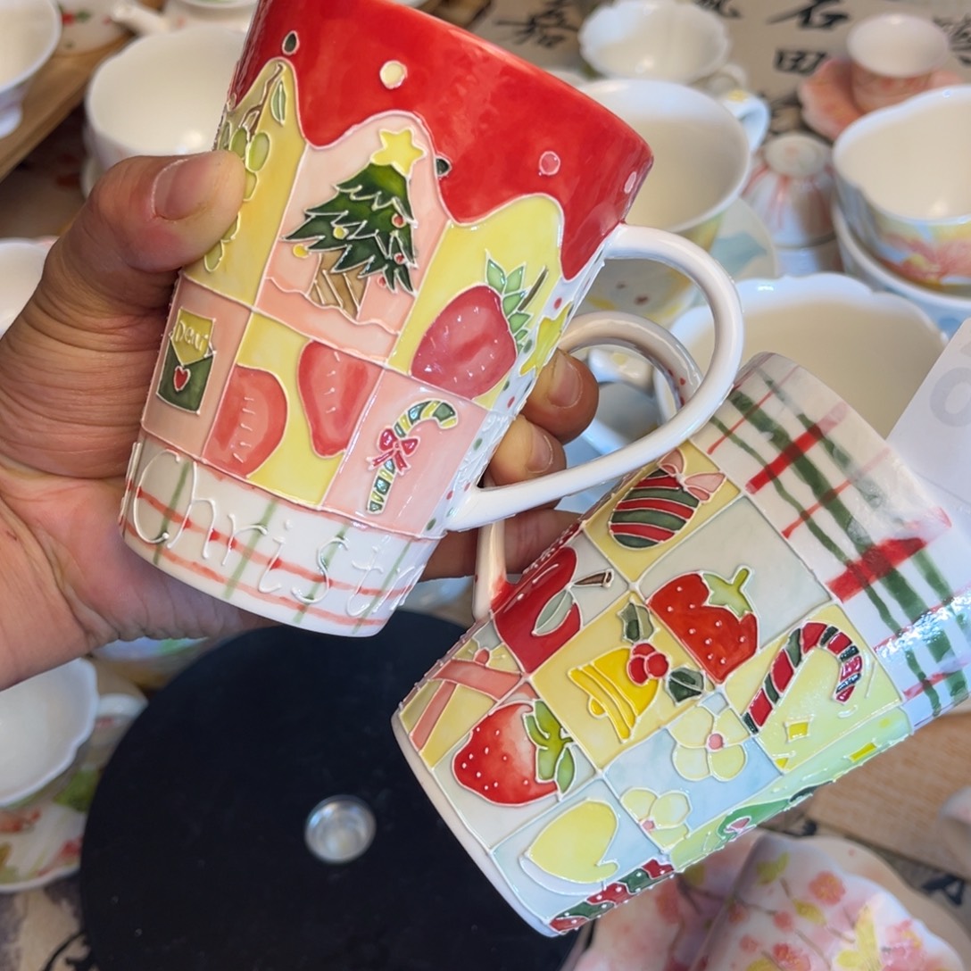 手柄款陶瓷对杯圣诞主题