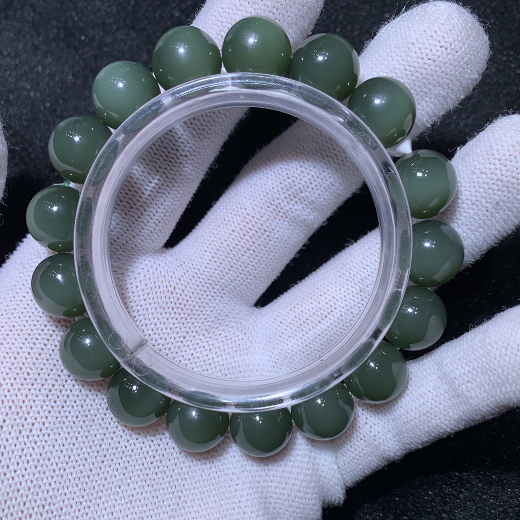 新疆和田玉沙枣青猫眼手串珠径12mm