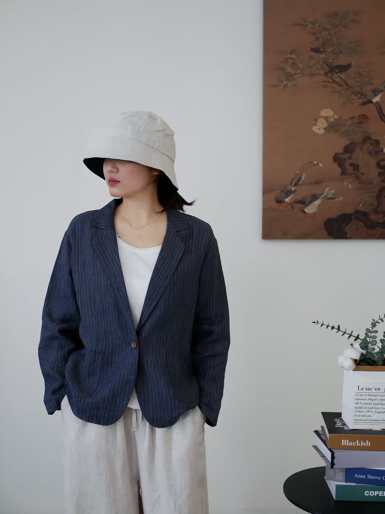 福禧·爱尼夏季新款时尚百搭条纹单扣小西服1053-2