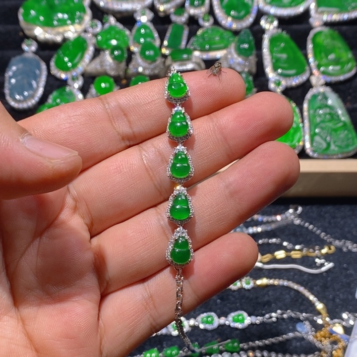 翡翠手链银S925镶嵌天然A货翡翠