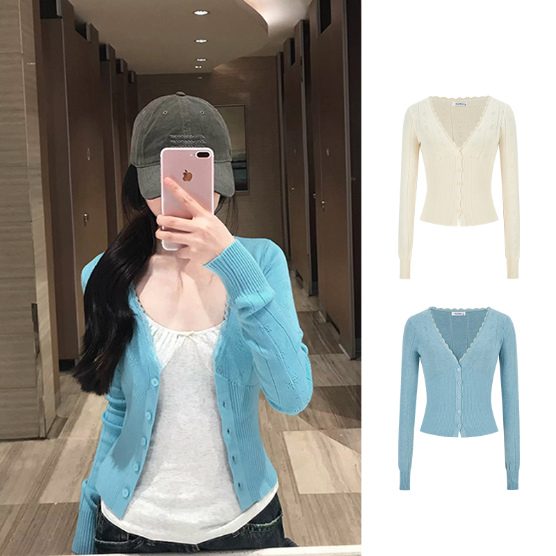 Moses Queen/魔西女王蓝色镂空针织开衫女春秋外搭薄款小披肩外套