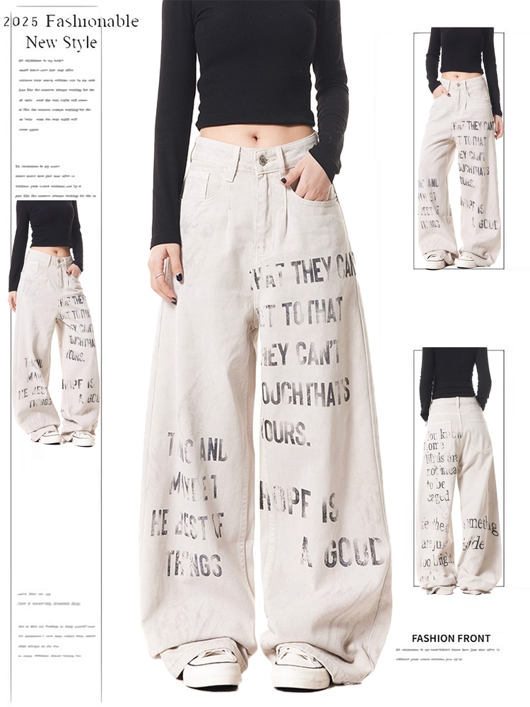 美式复古做旧字母印花牛仔裤子女款2025秋季新款设计感阔腿直筒裤