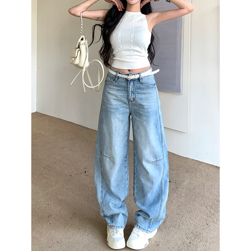 窄版浅蓝弯刀牛仔裤女2025秋季新款廓形松弛高腰宽松显瘦阔腿长裤