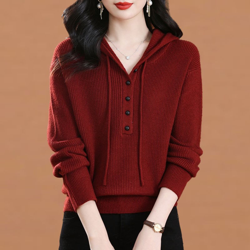 设计感连帽羊毛衫女宽松显瘦针织毛衣时尚洋气减龄休闲百搭打底衫