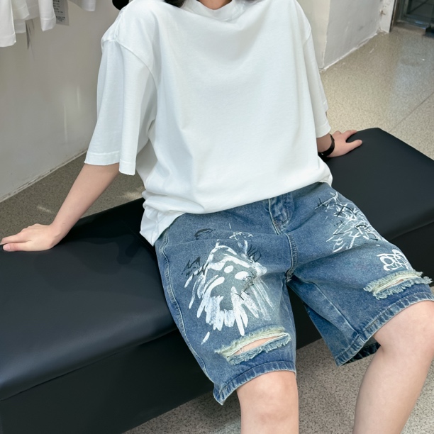【实体店同款】印花裤子牛仔裤短裤夏季宽松百搭破洞休闲印染涂鸦