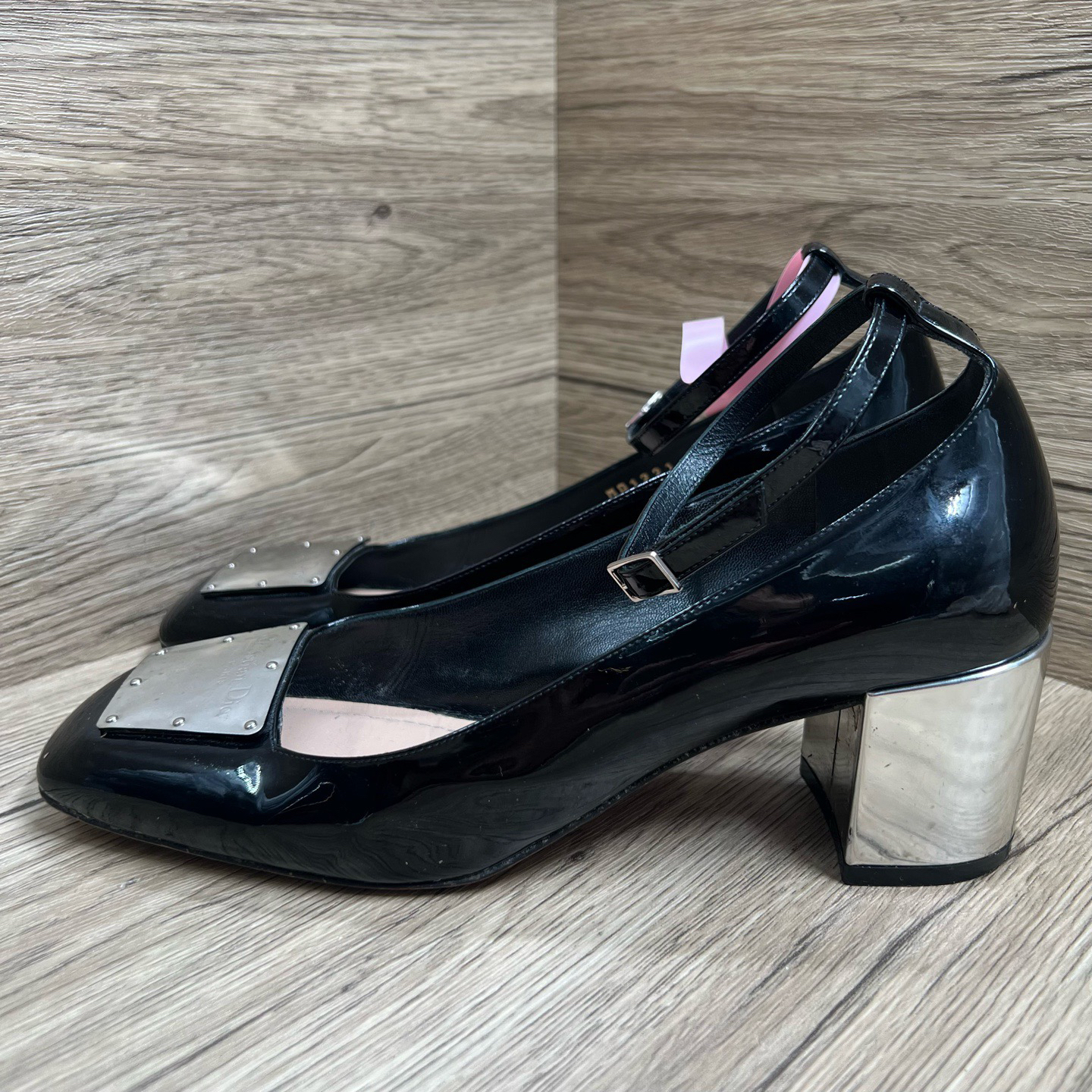 95新 DIOR/迪奥 La Parisienne 黑银粗跟鞋 37.5码