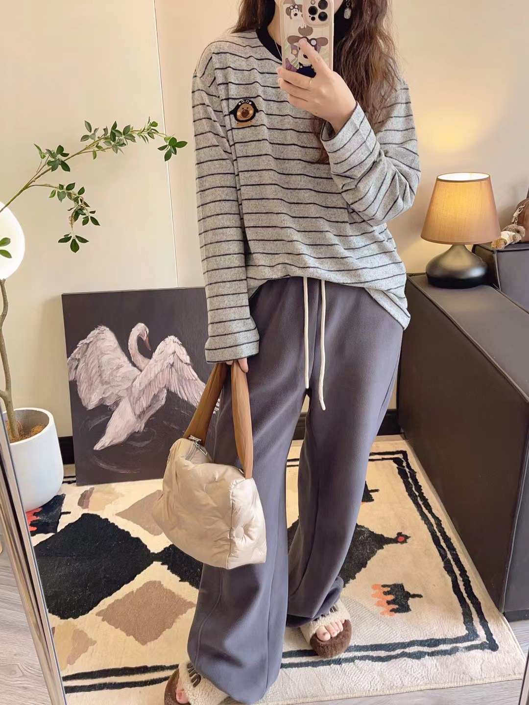 春款yongwill小羊纸袋家1160棉肤感条纹刺绣长袖打底衫