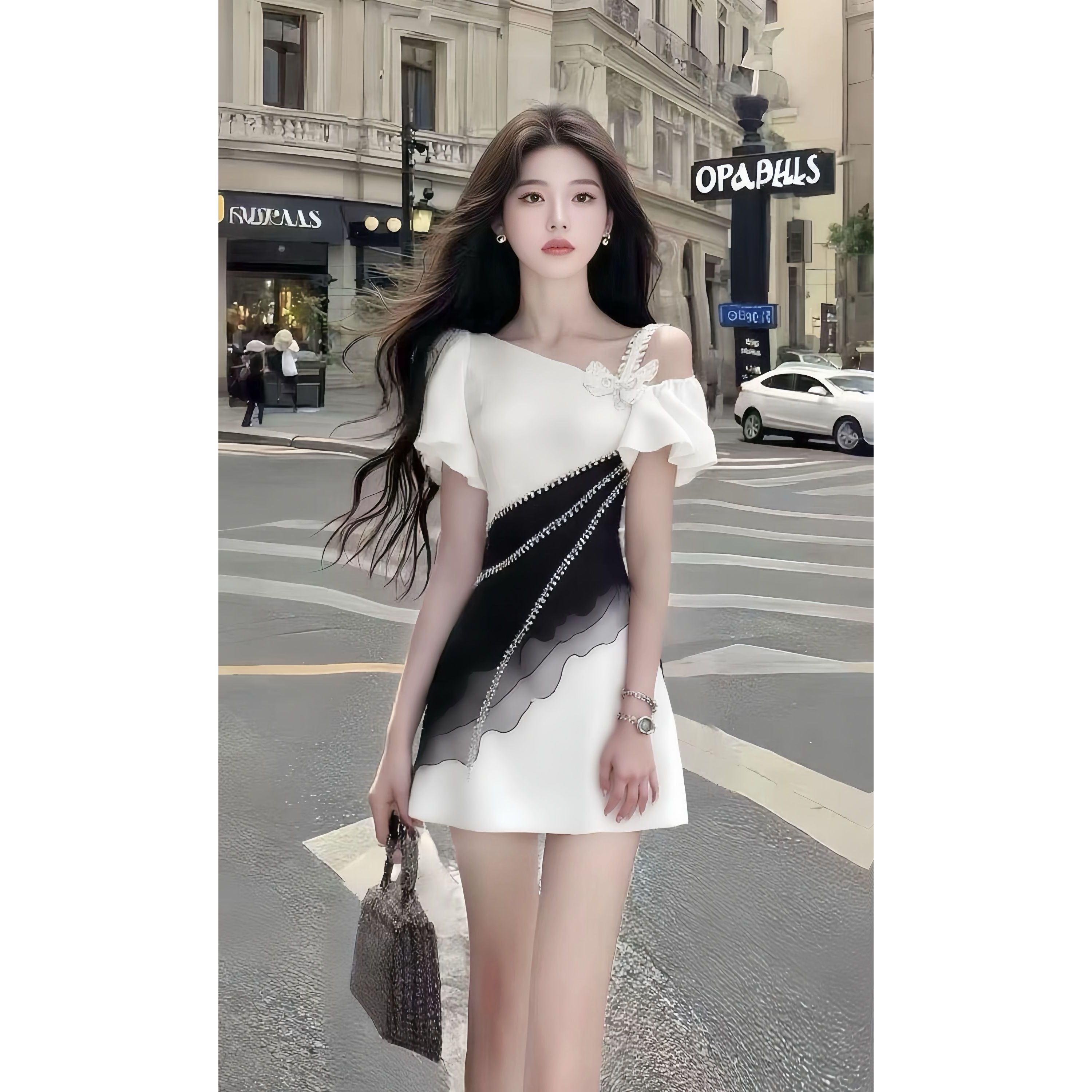 新款时尚温柔知性风别致设计感斜领收腰连衣裙显瘦减龄氛围感女装