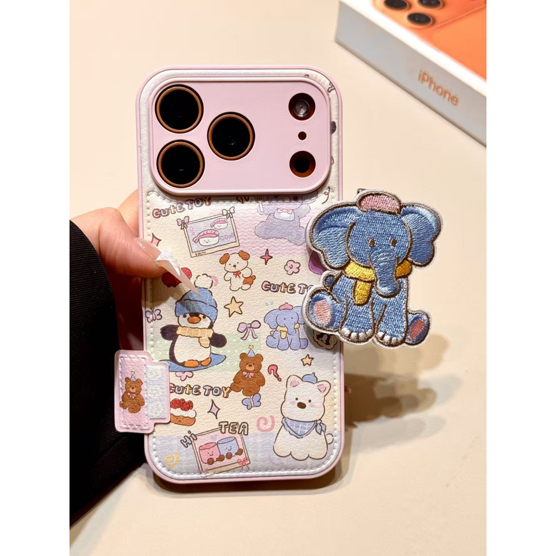 可爱油画动物刺绣大象折叠支架适用苹果17promax手机壳16iphone15
