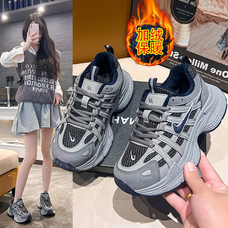 做旧复古休闲鞋2025新款厚底老爹鞋女拼色百搭圆头系带运动鞋