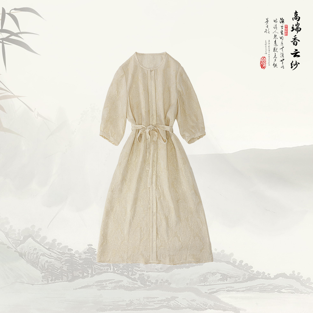 新款桑蚕丝高端显瘦法式小众圆领直筒连衣裙539648