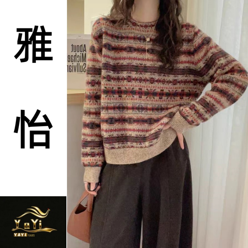 圆领提花落肩袖条纹保暖发热毛衣冬季加厚女装复古2603
