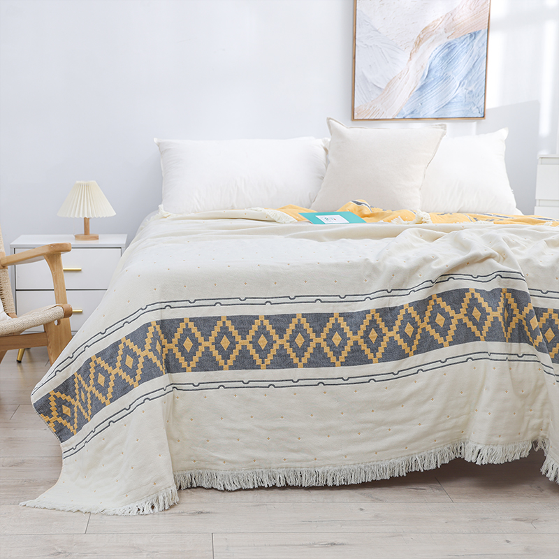 进口原单手工暗纹流苏亲肤四季通用多功能透气休闲毯 格黎流苏