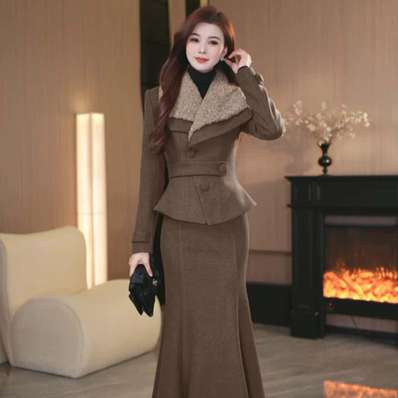 【两件套】【有里布】收腰气质大翻领上衣+鱼尾裙套装女冬新款QJ0247