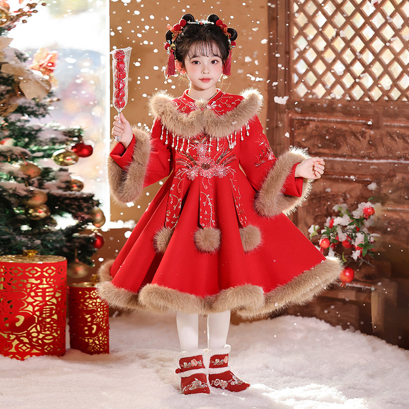 汉服女童加绒加厚冬季保暖公主裙唐装女宝中国风连衣裙新年拜年服
