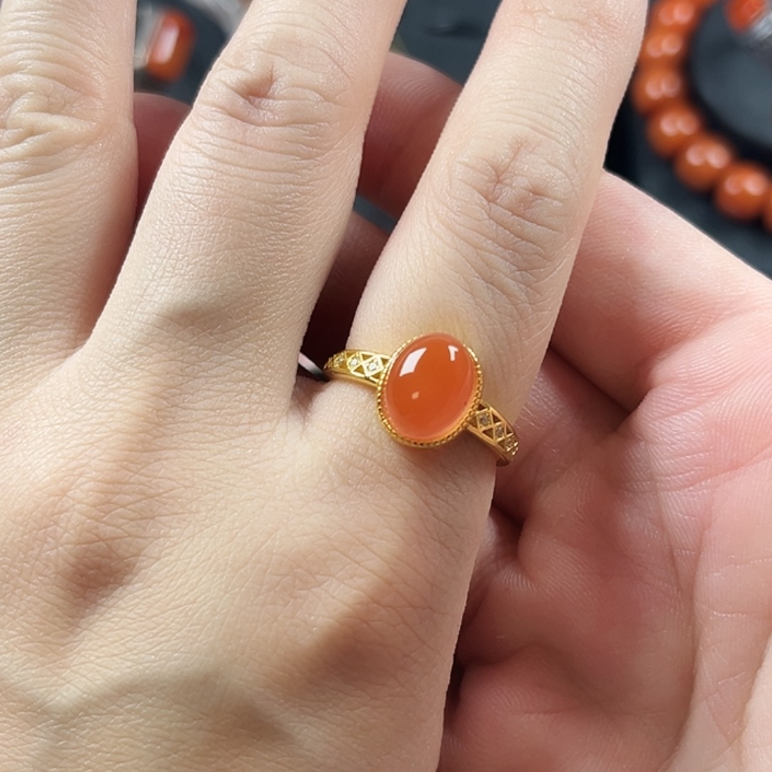 南红玛瑙银S925镶嵌珠宝奇石戒指