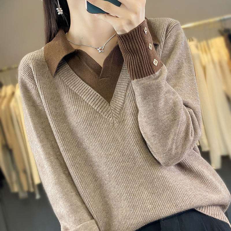 秋冬假两件POLO领长袖针织衫女短款翻领毛衣洋气内搭外套加厚毛衫